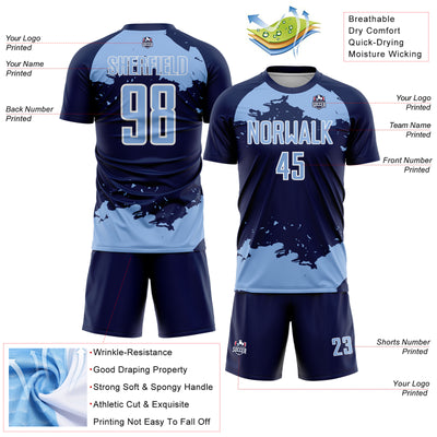 Custom Navy Light Blue-White Abstract Fragment Art Sublimation Soccer Uniform Jersey