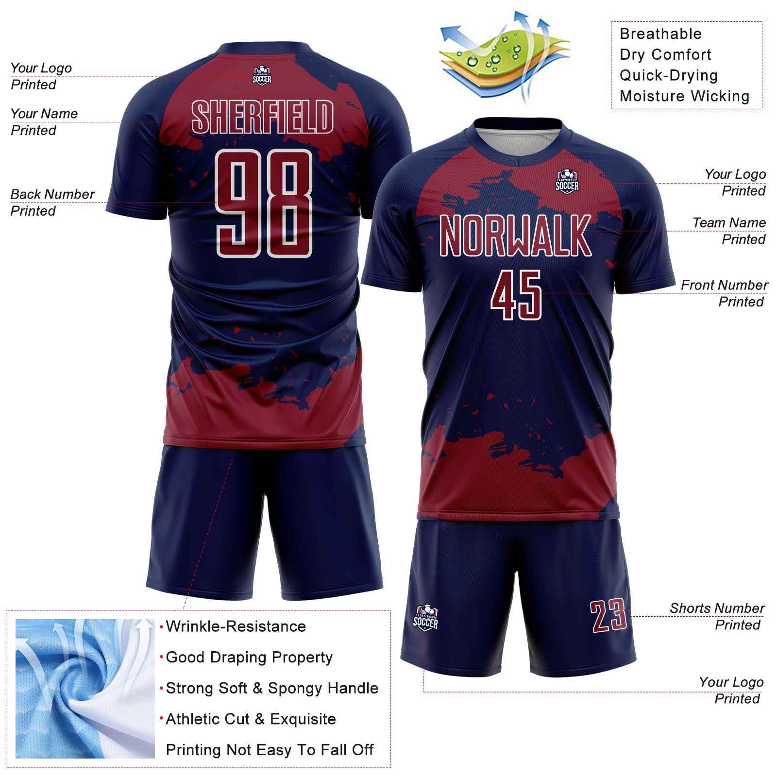 Custom Navy Crimson-White Abstract Fragment Art Sublimation Soccer Uniform Jersey