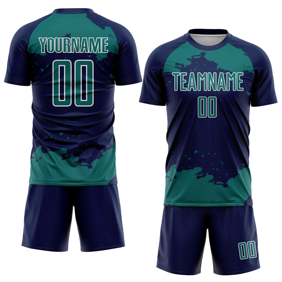 Custom Navy Teal-White Abstract Fragment Art Sublimation Soccer Uniform Jersey