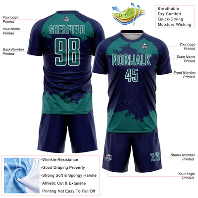Custom Navy Teal-White Abstract Fragment Art Sublimation Soccer Uniform Jersey