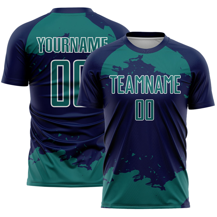 Custom Navy Teal-White Abstract Fragment Art Sublimation Soccer Uniform Jersey