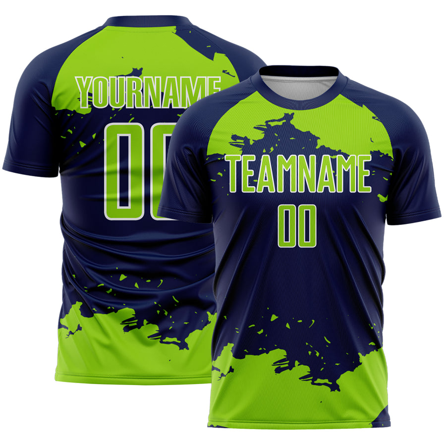 Custom Navy Neon Green-White Abstract Fragment Art Sublimation Soccer Uniform Jersey