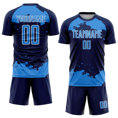 Custom Navy Powder Blue-White Abstract Fragment Art Sublimation Soccer Uniform Jersey