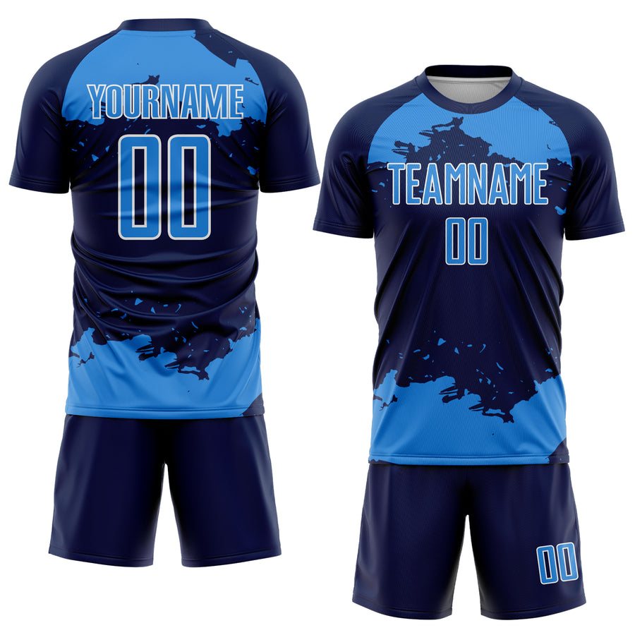 Custom Navy Powder Blue-White Abstract Fragment Art Sublimation Soccer Uniform Jersey