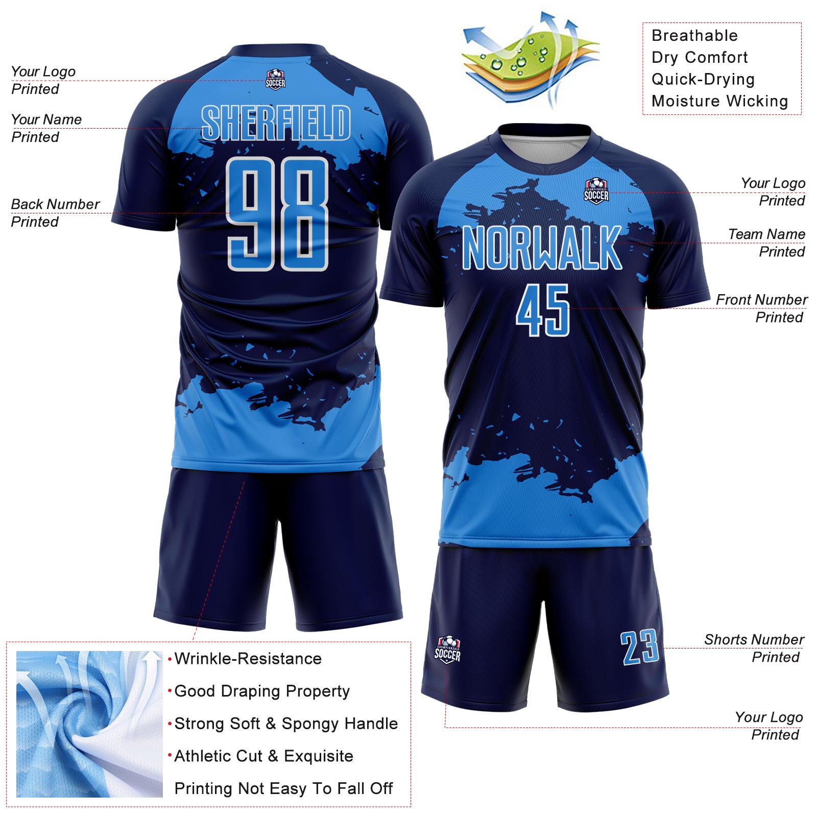 Custom Navy Powder Blue-White Abstract Fragment Art Sublimation Soccer Uniform Jersey