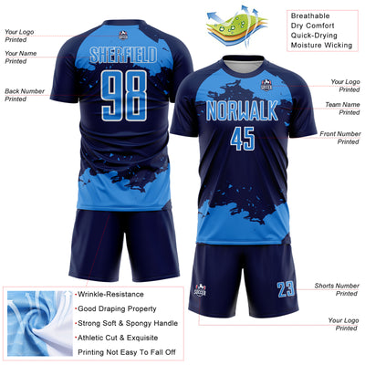 Custom Navy Powder Blue-White Abstract Fragment Art Sublimation Soccer Uniform Jersey