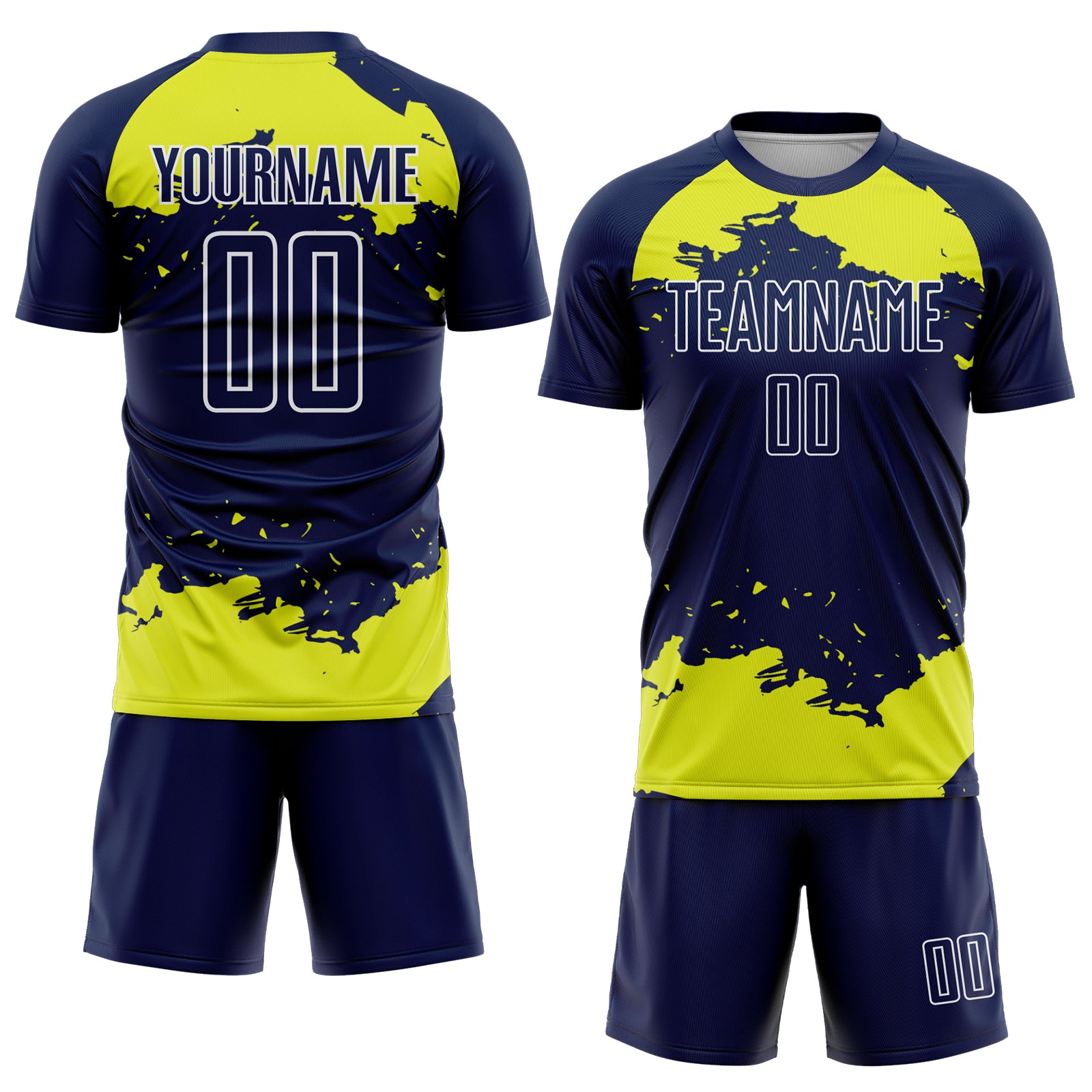 Custom Navy Neon Yellow-White Abstract Fragment Art Sublimation Soccer Uniform Jersey