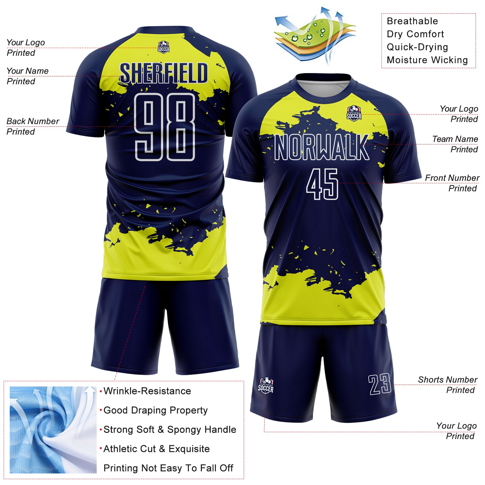 Custom Navy Neon Yellow-White Abstract Fragment Art Sublimation Soccer Uniform Jersey