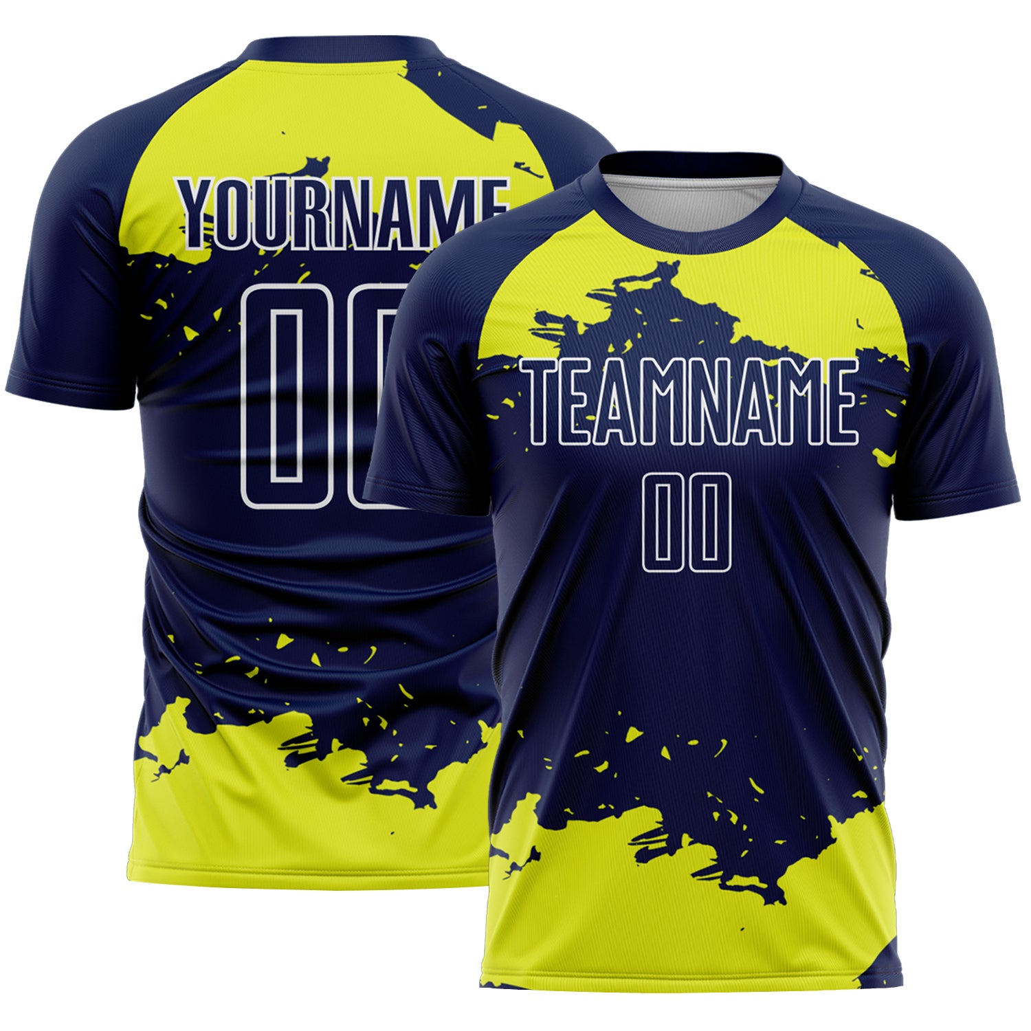 Custom Navy Neon Yellow-White Abstract Fragment Art Sublimation Soccer Uniform Jersey