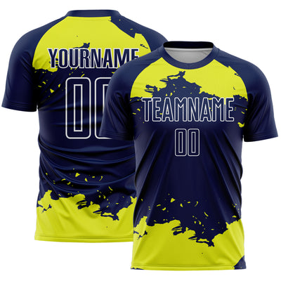 Custom Navy Neon Yellow-White Abstract Fragment Art Sublimation Soccer Uniform Jersey