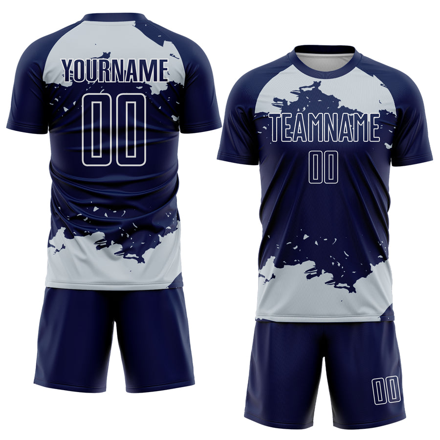 Custom Navy Silver-White Abstract Fragment Art Sublimation Soccer Uniform Jersey