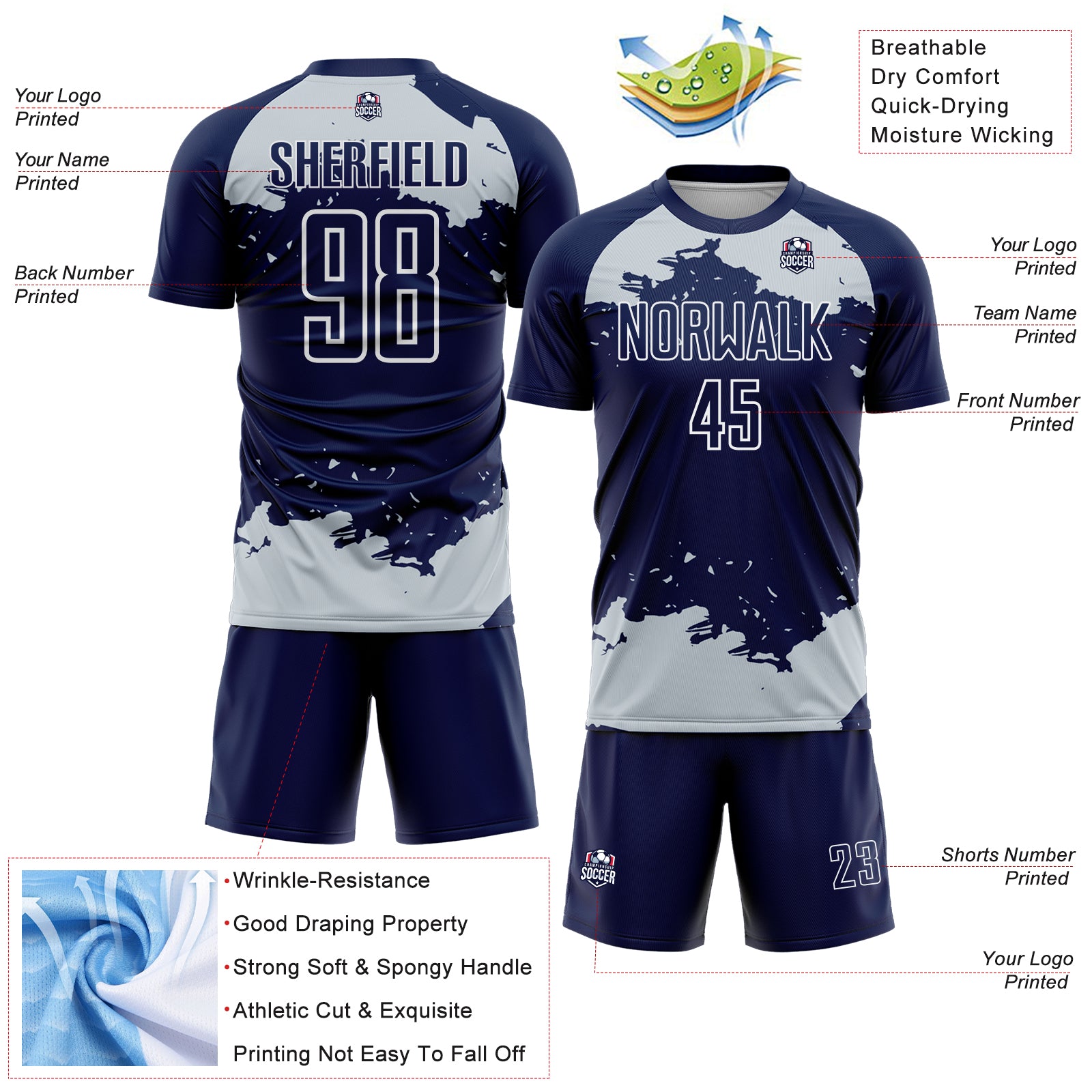 Custom Navy Silver-White Abstract Fragment Art Sublimation Soccer Uniform Jersey