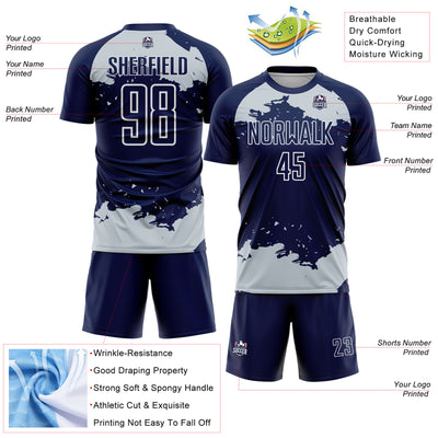 Custom Navy Silver-White Abstract Fragment Art Sublimation Soccer Uniform Jersey