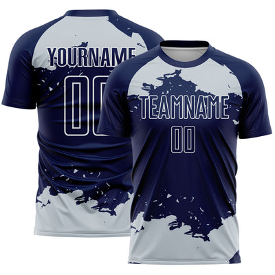 Custom Navy Silver-White Abstract Fragment Art Sublimation Soccer Uniform Jersey