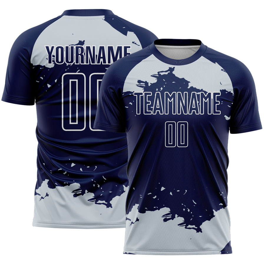 Custom Navy Silver-White Abstract Fragment Art Sublimation Soccer Uniform Jersey
