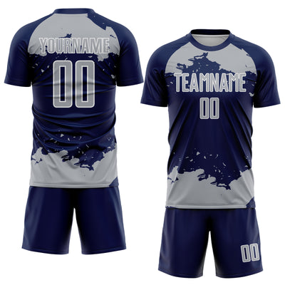 Custom Navy Gray-White Abstract Fragment Art Sublimation Soccer Uniform Jersey