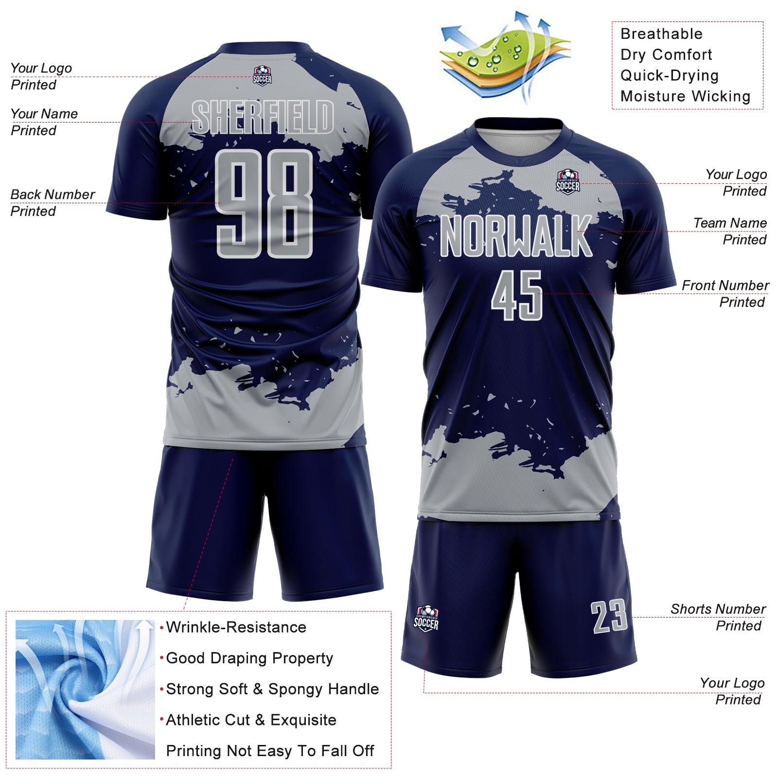Custom Navy Gray-White Abstract Fragment Art Sublimation Soccer Uniform Jersey