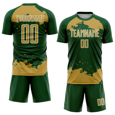 Custom Green Old Gold-White Abstract Fragment Art Sublimation Soccer Uniform Jersey