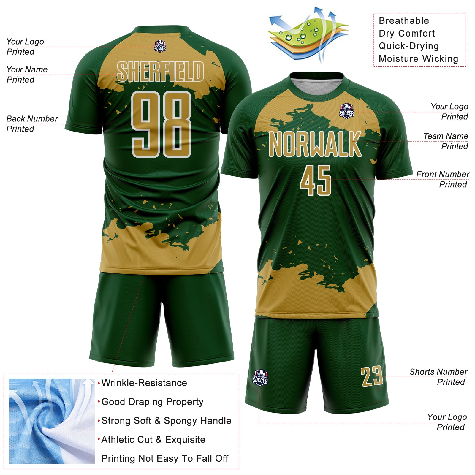 Custom Green Old Gold-White Abstract Fragment Art Sublimation Soccer Uniform Jersey