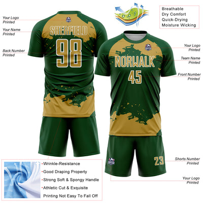 Custom Green Old Gold-White Abstract Fragment Art Sublimation Soccer Uniform Jersey