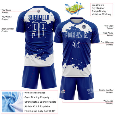Custom Royal White Abstract Fragment Art Sublimation Soccer Uniform Jersey