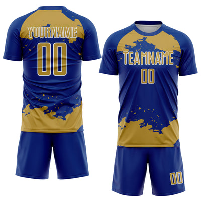 Custom Royal Old Gold-White Abstract Fragment Art Sublimation Soccer Uniform Jersey