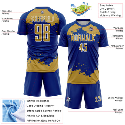 Custom Royal Old Gold-White Abstract Fragment Art Sublimation Soccer Uniform Jersey