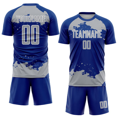 Custom Royal Gray-White Abstract Fragment Art Sublimation Soccer Uniform Jersey