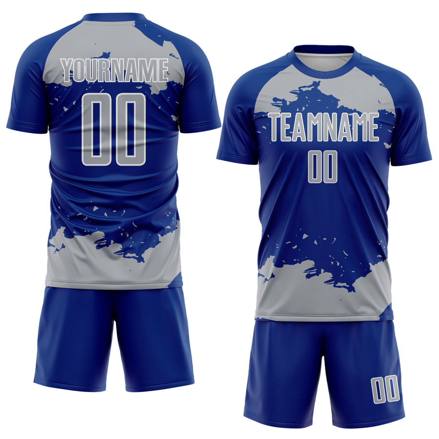 Custom Royal Gray-White Abstract Fragment Art Sublimation Soccer Uniform Jersey