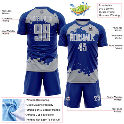 Custom Royal Gray-White Abstract Fragment Art Sublimation Soccer Uniform Jersey