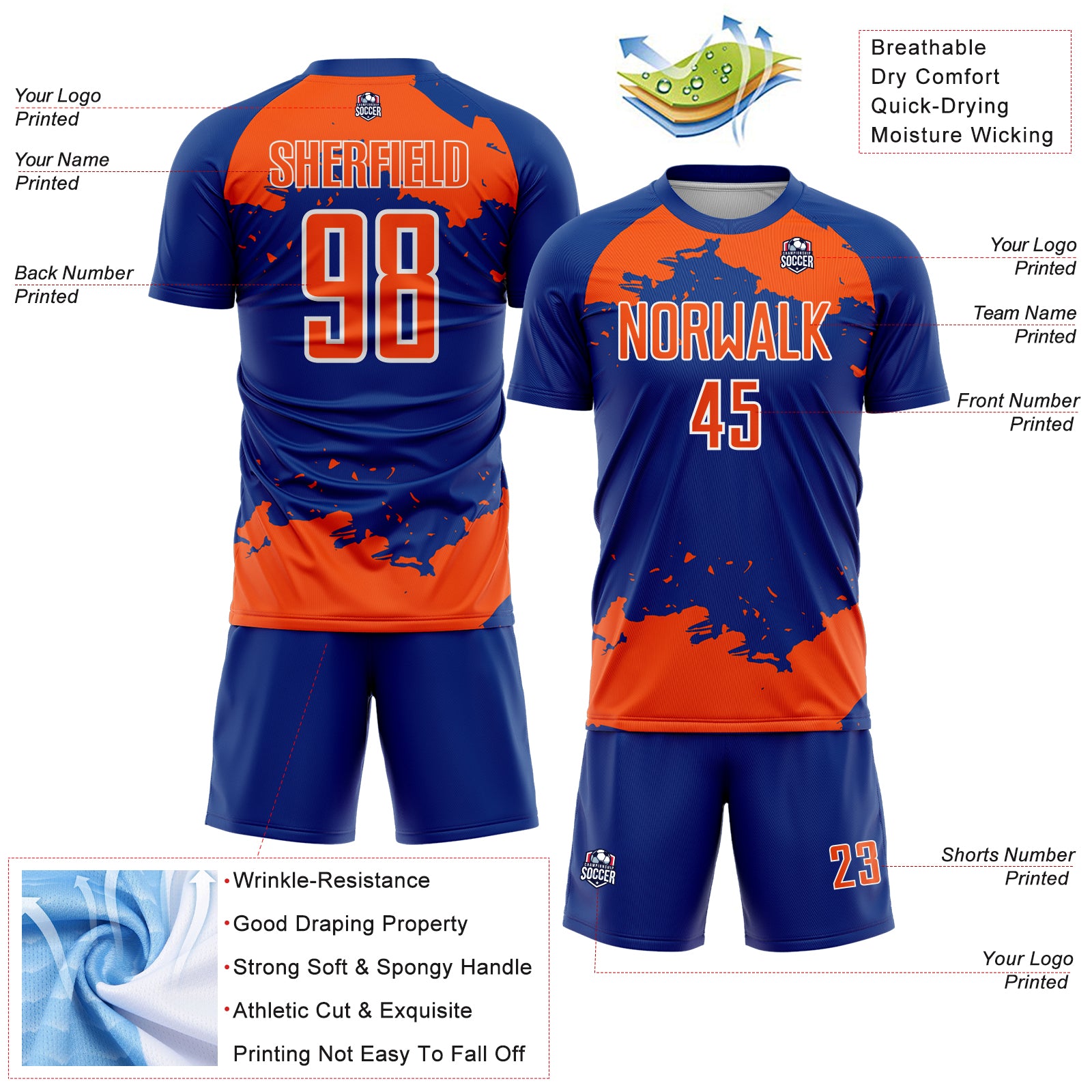 Custom Royal Orange-White Abstract Fragment Art Sublimation Soccer Uniform Jersey