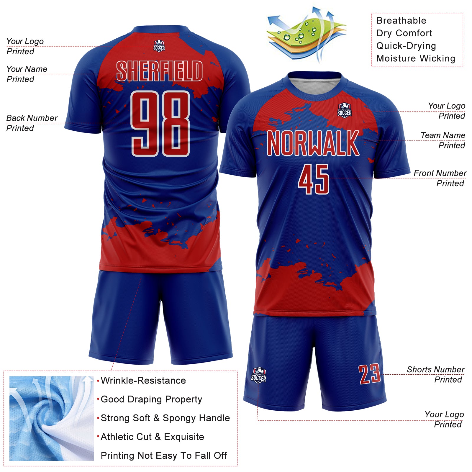 Custom Royal Red-White Abstract Fragment Art Sublimation Soccer Uniform Jersey