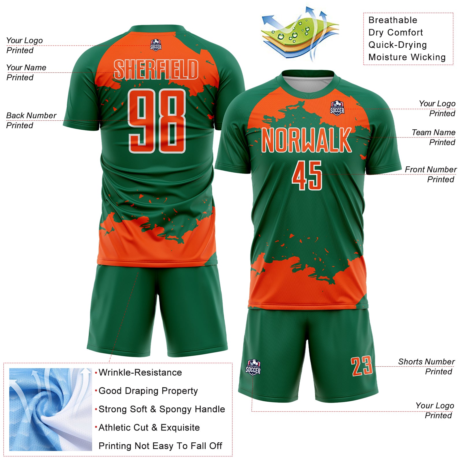 Custom Kelly Green Orange-White Abstract Fragment Art Sublimation Soccer Uniform Jersey