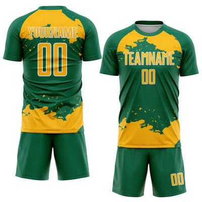 Custom Kelly Green Gold-White Abstract Fragment Art Sublimation Soccer Uniform Jersey