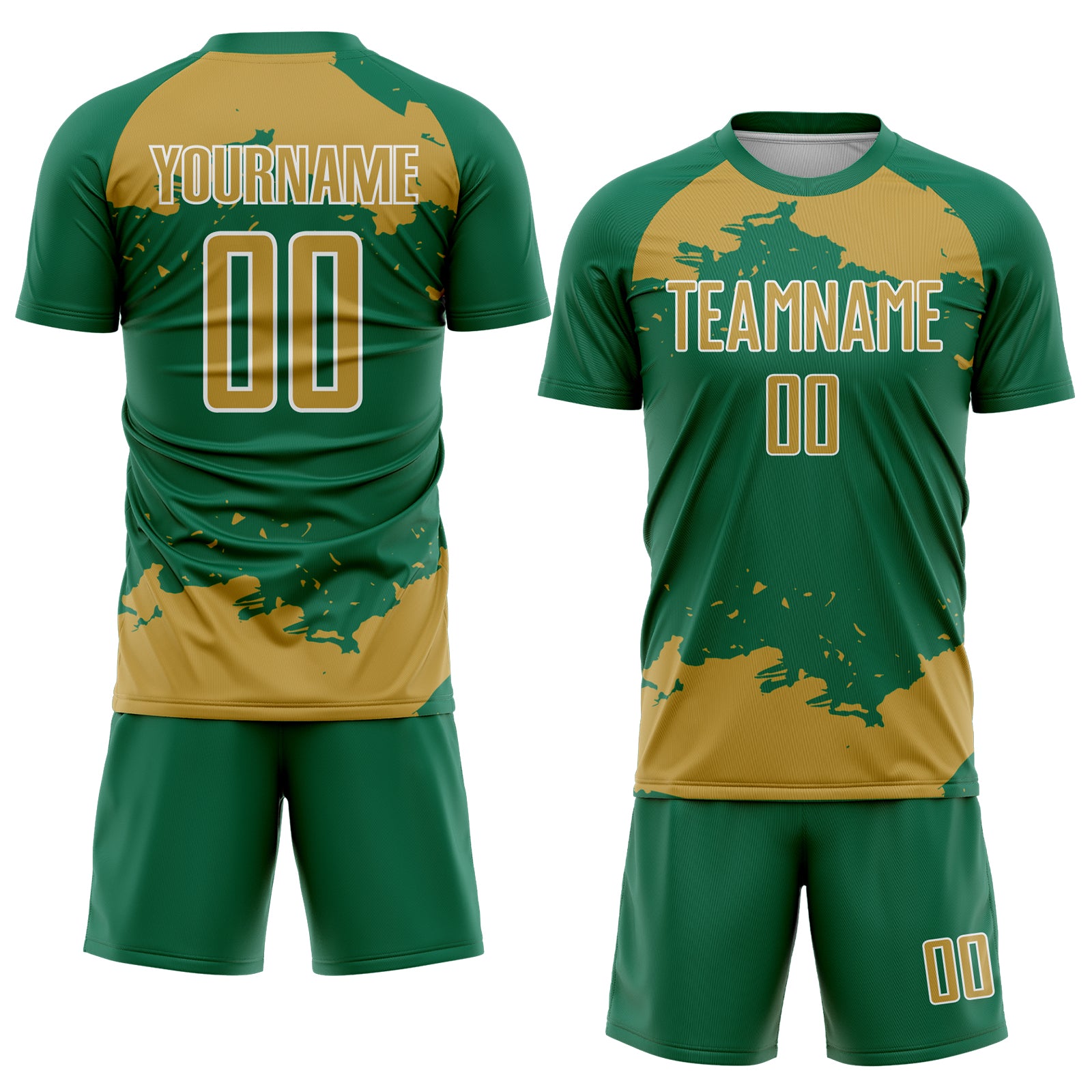 Custom Kelly Green Old Gold-White Abstract Fragment Art Sublimation Soccer Uniform Jersey