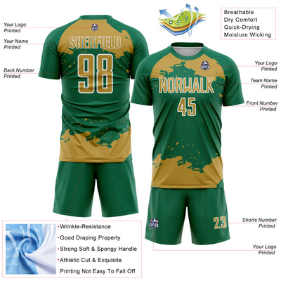Custom Kelly Green Old Gold-White Abstract Fragment Art Sublimation Soccer Uniform Jersey