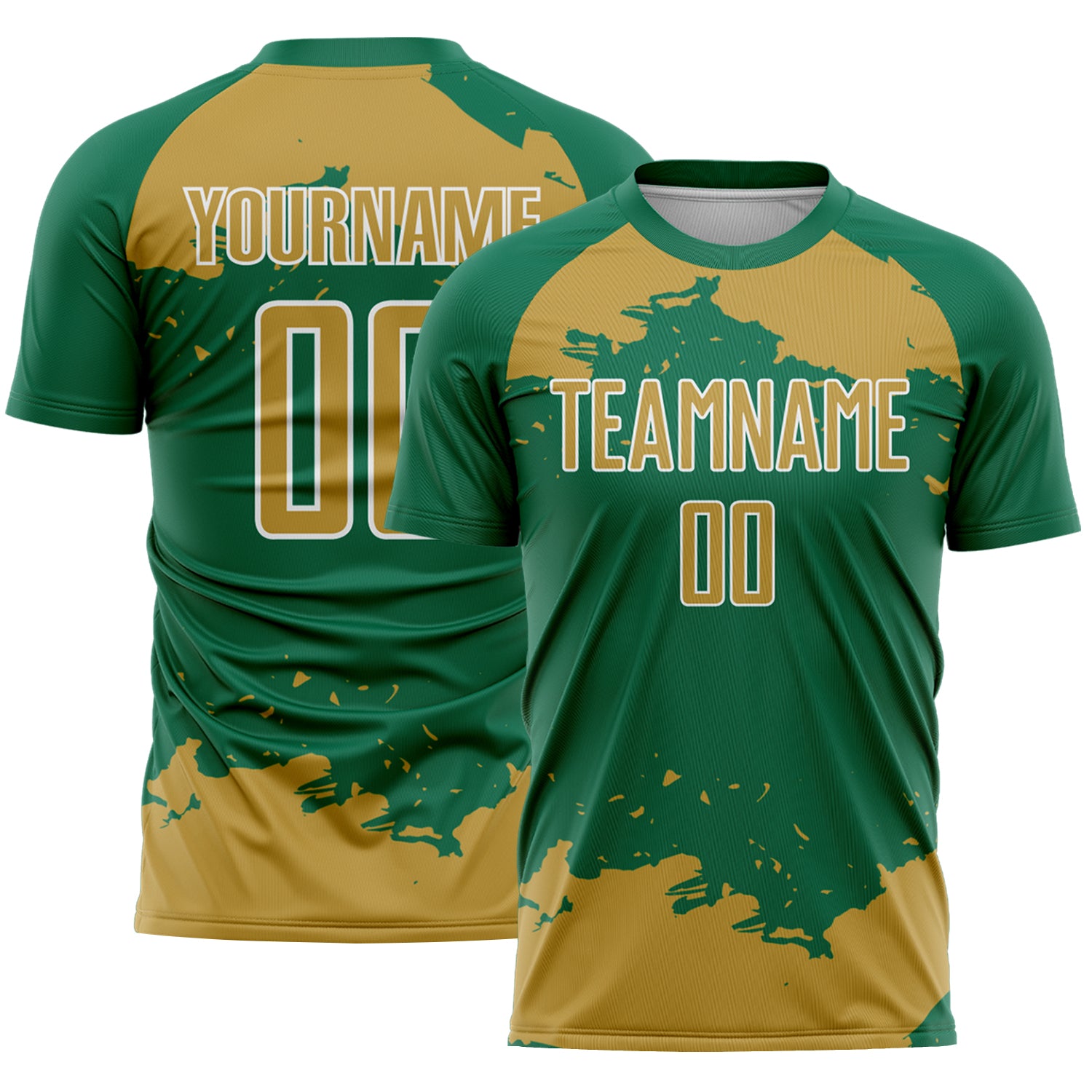 Custom Kelly Green Old Gold-White Abstract Fragment Art Sublimation Soccer Uniform Jersey
