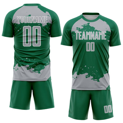 Custom Kelly Green Gray-White Abstract Fragment Art Sublimation Soccer Uniform Jersey