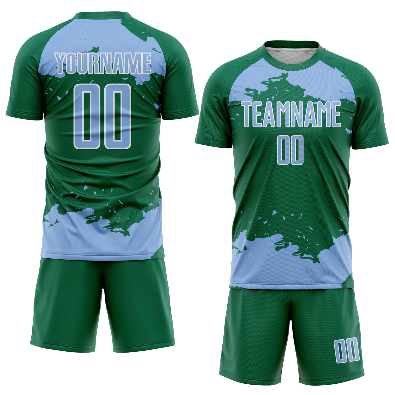 Custom Kelly Green Light Blue-White Abstract Fragment Art Sublimation Soccer Uniform Jersey