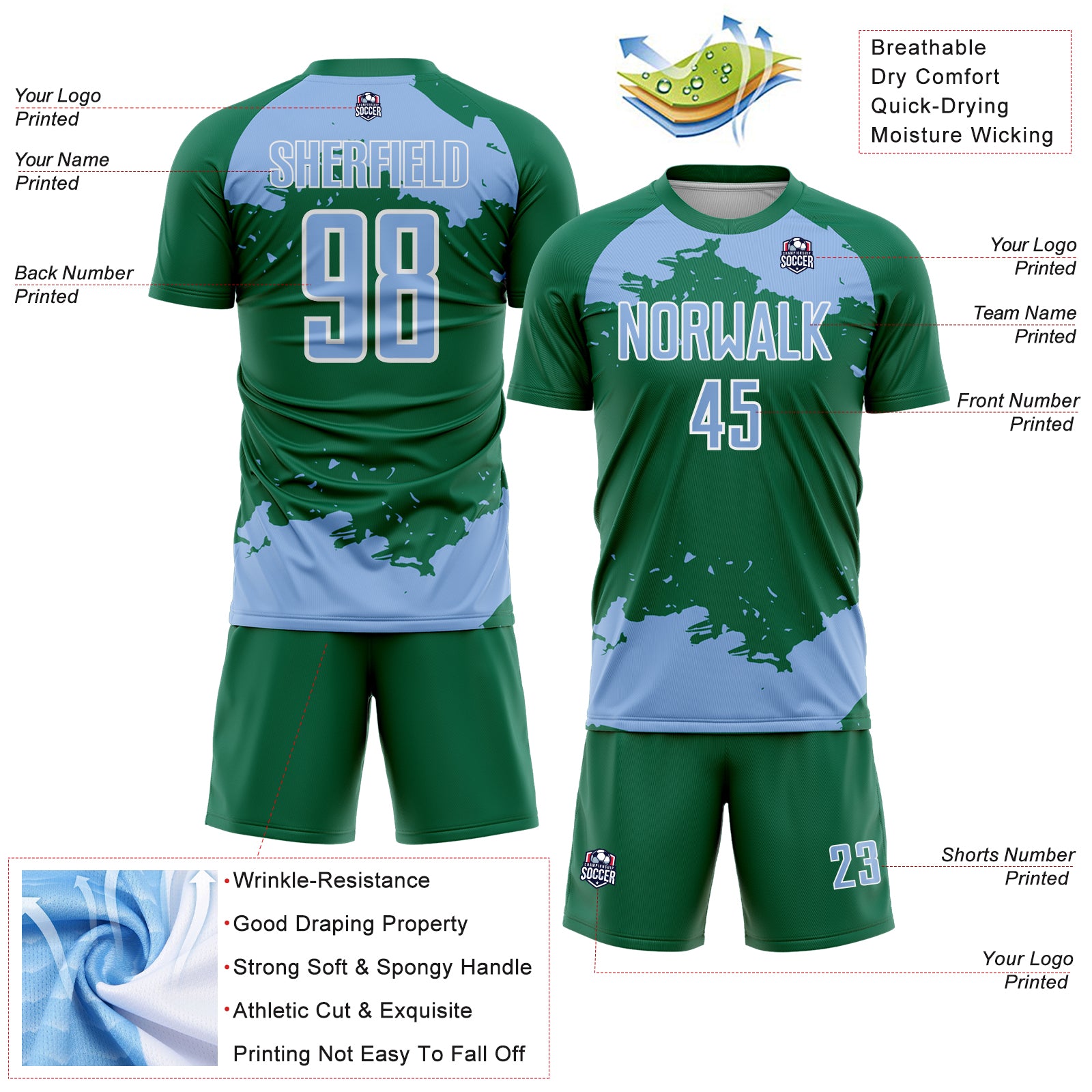 Custom Kelly Green Light Blue-White Abstract Fragment Art Sublimation Soccer Uniform Jersey