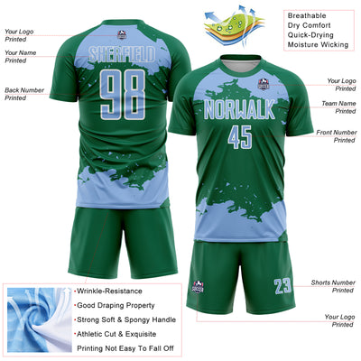 Custom Kelly Green Light Blue-White Abstract Fragment Art Sublimation Soccer Uniform Jersey
