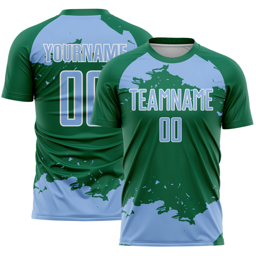 Custom Kelly Green Light Blue-White Abstract Fragment Art Sublimation Soccer Uniform Jersey