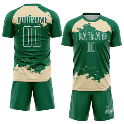 Custom Kelly Green Cream-White Abstract Fragment Art Sublimation Soccer Uniform Jersey