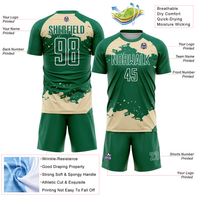 Custom Kelly Green Cream-White Abstract Fragment Art Sublimation Soccer Uniform Jersey