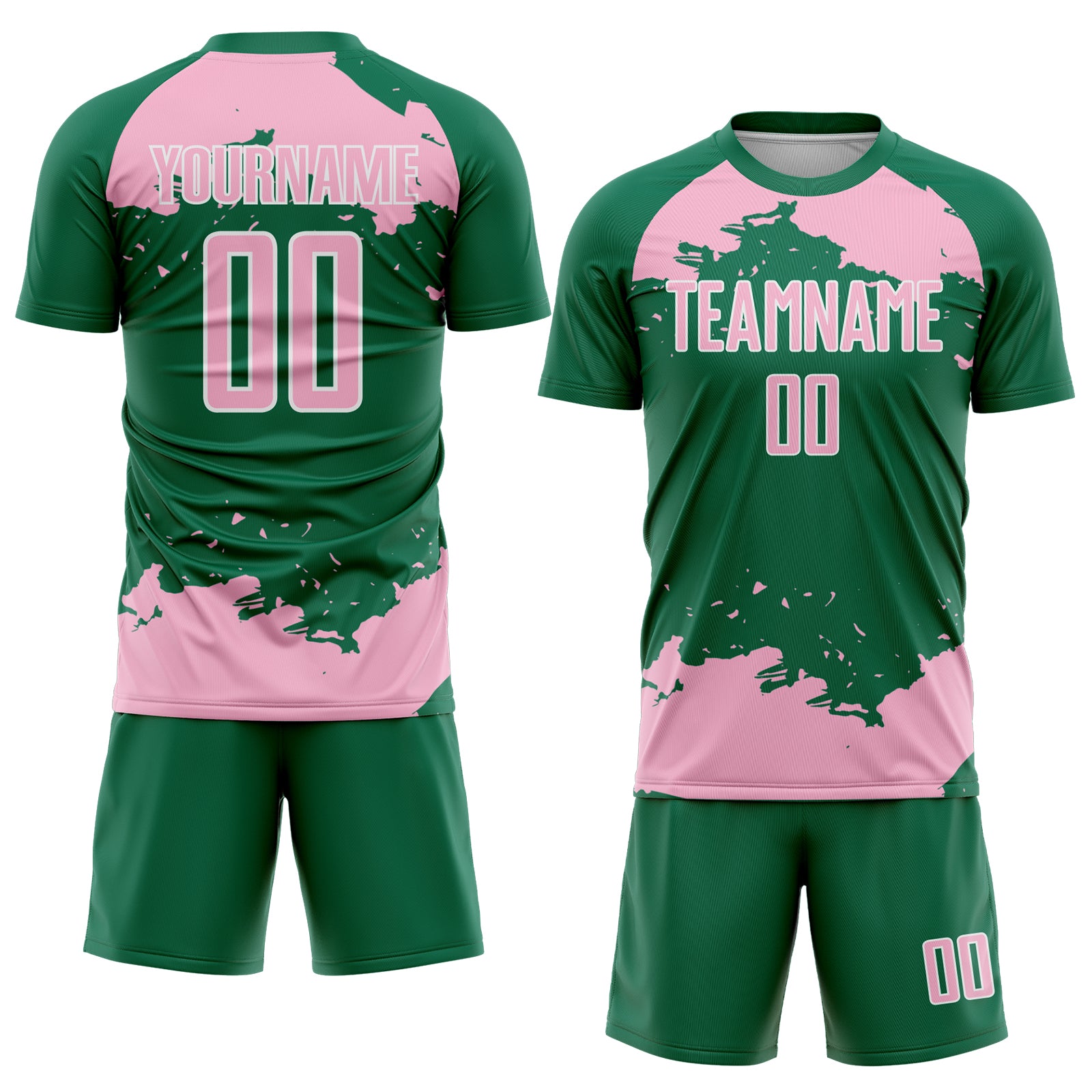Custom Kelly Green Light Pink-White Abstract Fragment Art Sublimation Soccer Uniform Jersey