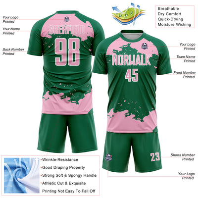 Custom Kelly Green Light Pink-White Abstract Fragment Art Sublimation Soccer Uniform Jersey