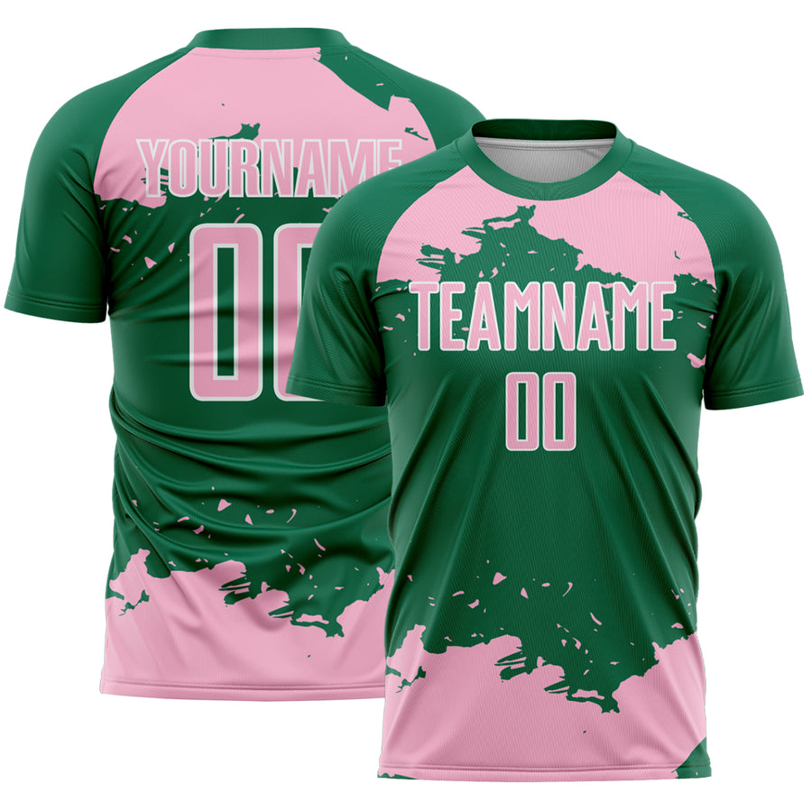 Custom Kelly Green Light Pink-White Abstract Fragment Art Sublimation Soccer Uniform Jersey