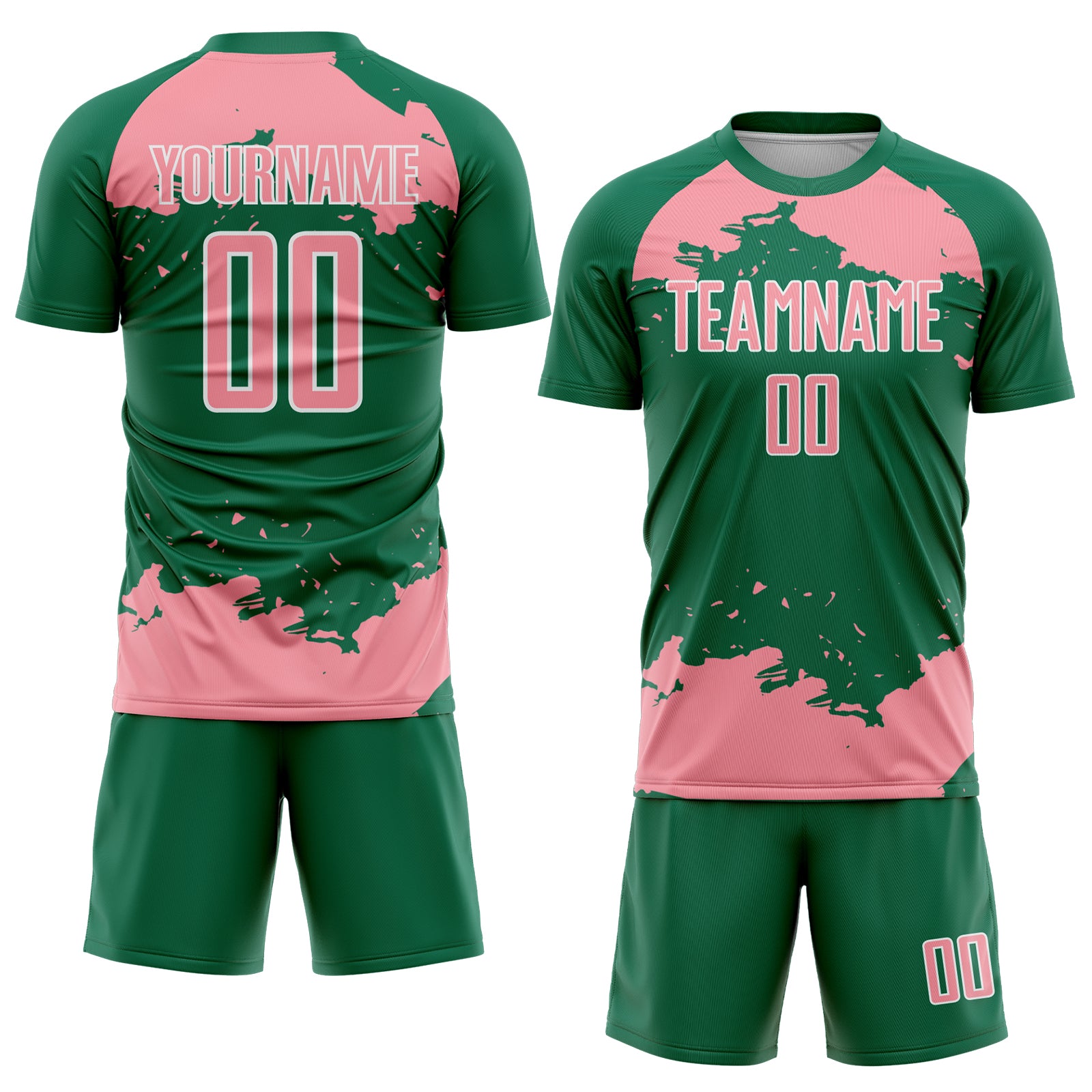Custom Kelly Green Medium Pink-White Abstract Fragment Art Sublimation Soccer Uniform Jersey
