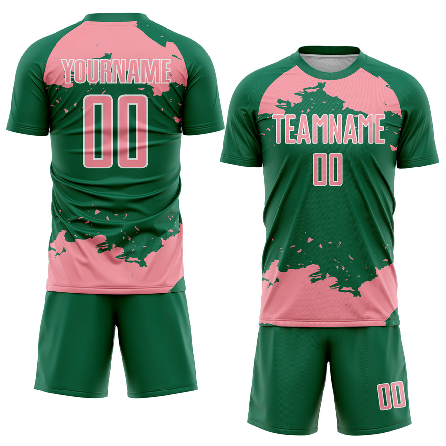 Custom Kelly Green Medium Pink-White Abstract Fragment Art Sublimation Soccer Uniform Jersey