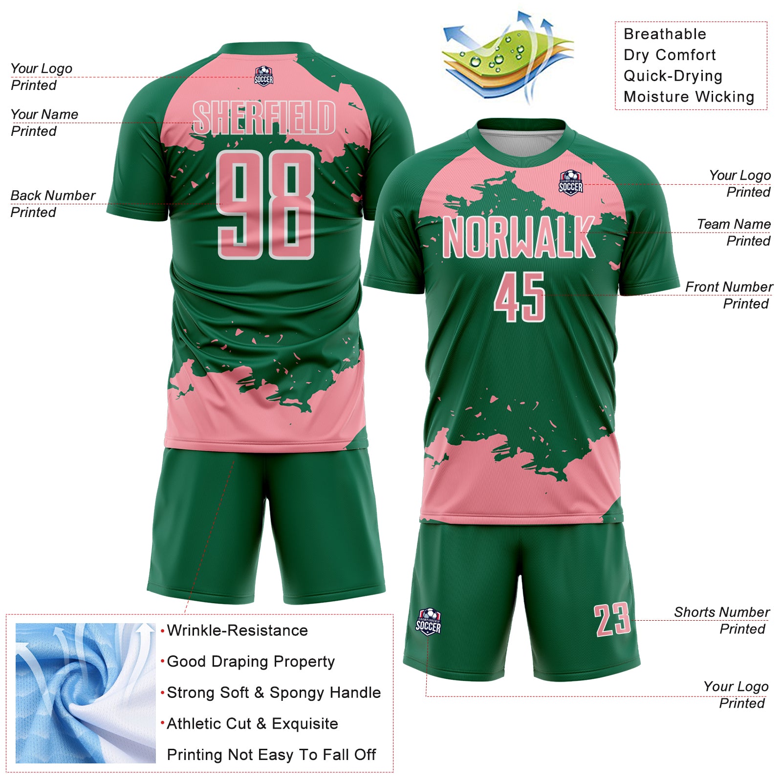 Custom Kelly Green Medium Pink-White Abstract Fragment Art Sublimation Soccer Uniform Jersey